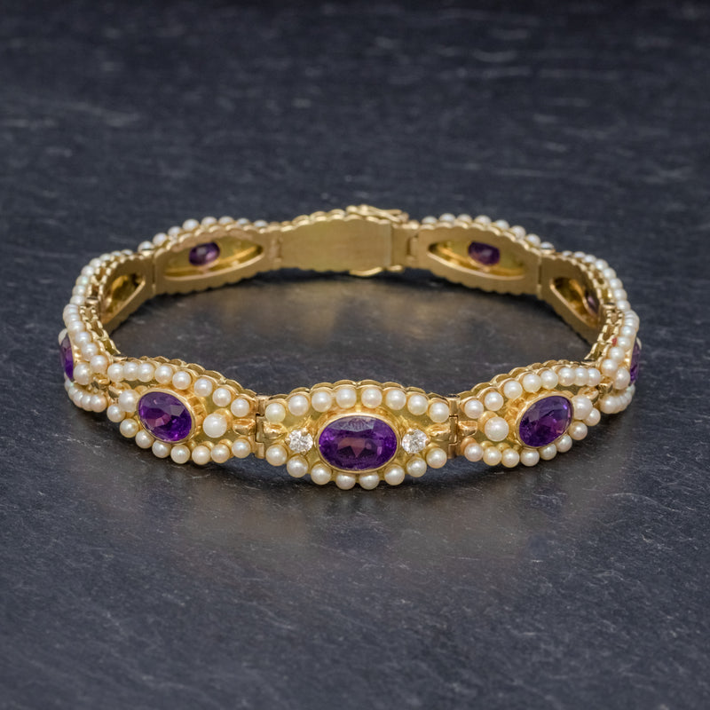 ANTIQUE VICTORIAN FRENCH BRACELET AMETHYST DIAMOND PEARL 18CT GOLD CIRCA 1900 FRONT