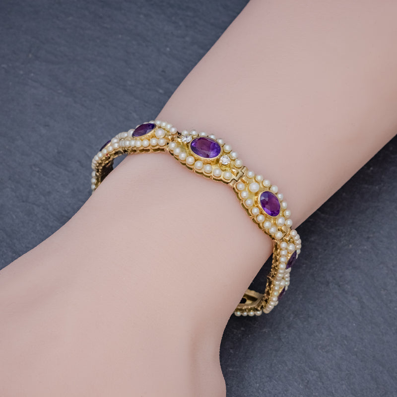 ANTIQUE VICTORIAN FRENCH BRACELET AMETHYST DIAMOND PEARL 18CT GOLD CIRCA 1900 HAND