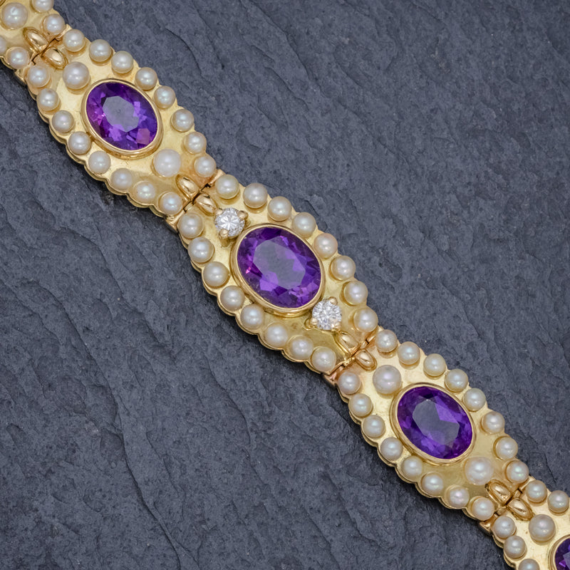 ANTIQUE VICTORIAN FRENCH BRACELET AMETHYST DIAMOND PEARL 18CT GOLD CIRCA 1900 STONES