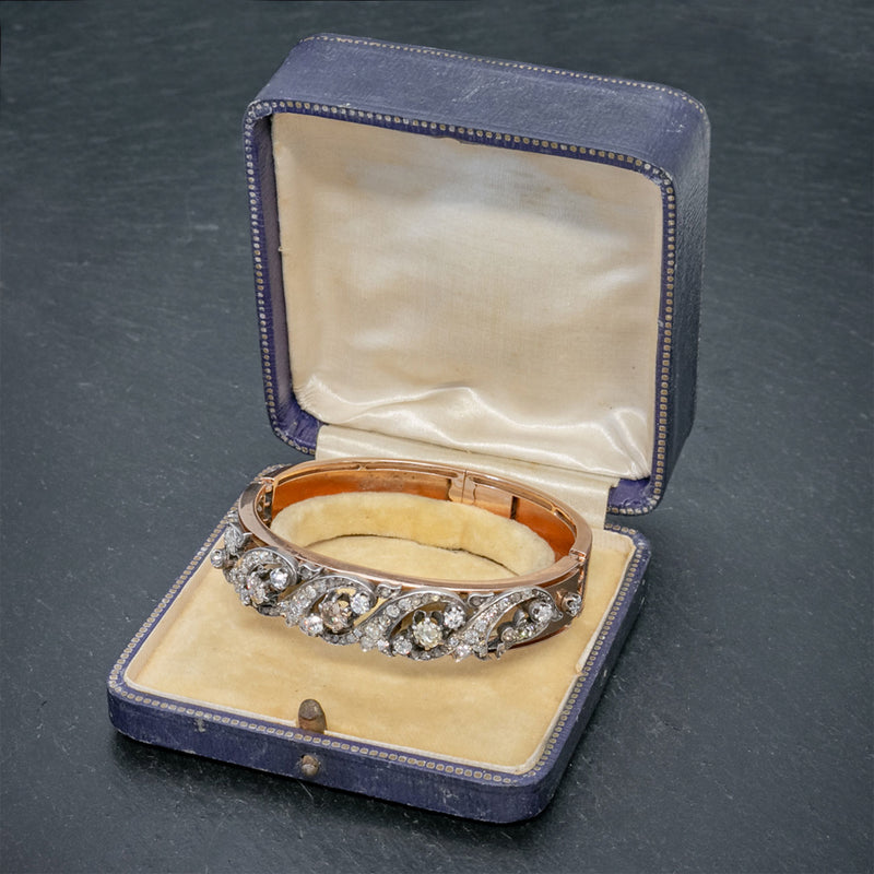 ANTIQUE VICTORIAN FRENCH DIAMOND BANGLE 18CT ROSE GOLD CIRCA 1900  BOX OPEN