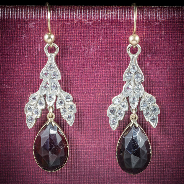 Antique Victorian Garnet Drop Earrings Gold Silver Circa 1880 COVER