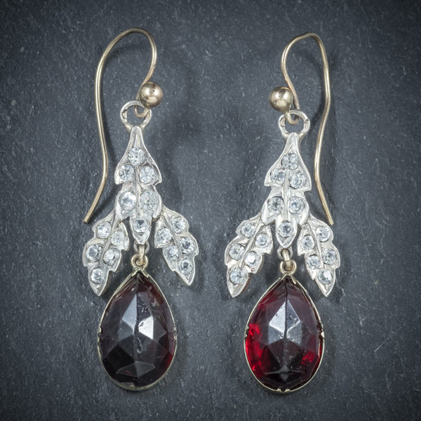 Antique Victorian Garnet Drop Earrings Gold Silver Circa 1880 FRONT