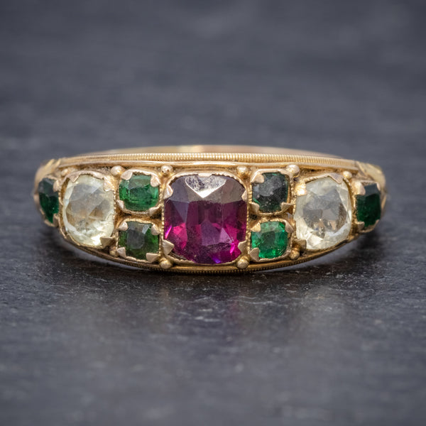 ANTIQUE VICTORIAN GARNET QUARTZ CLUSTER RING 15CT GOLD CIRCA 1900 FRONT