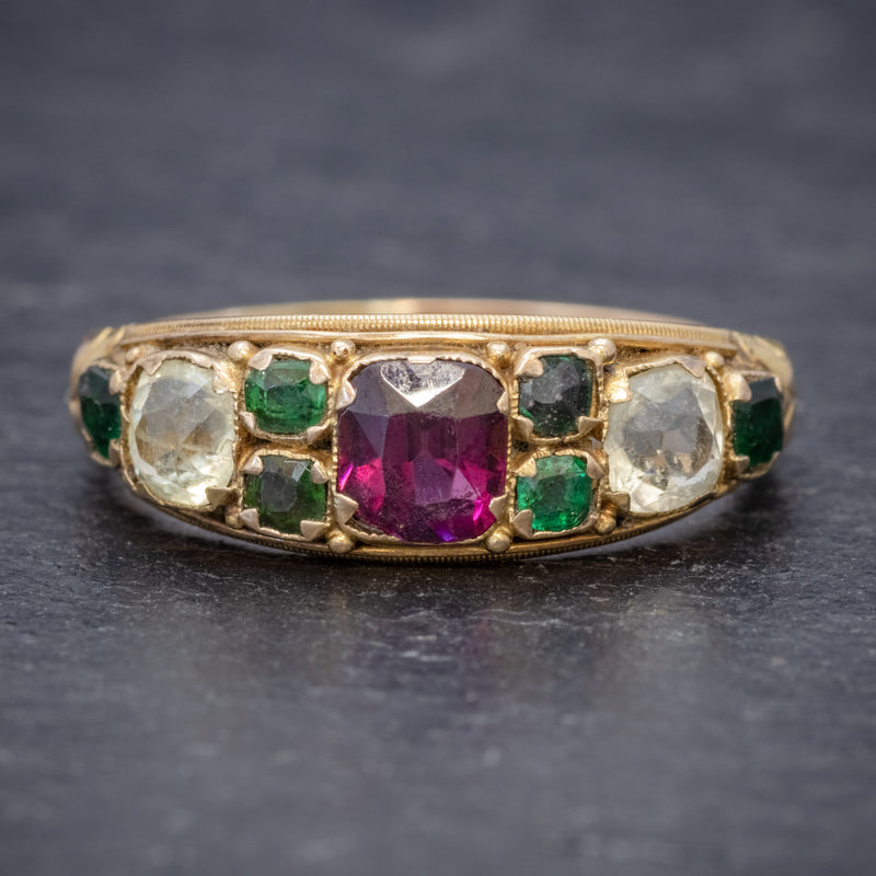 ANTIQUE VICTORIAN GARNET QUARTZ CLUSTER RING 15CT GOLD CIRCA 1900 FRONT