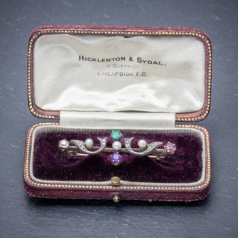 Antique Victorian Gemstone Dearest Brooch 18ct Gold Circa 1900 Boxed OPEN
