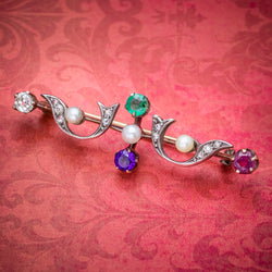 ANTIQUE VICTORIAN GEMSTONE DEAREST BROOCH 18CT GOLD CIRCA 1900 BOXED COVER COVER