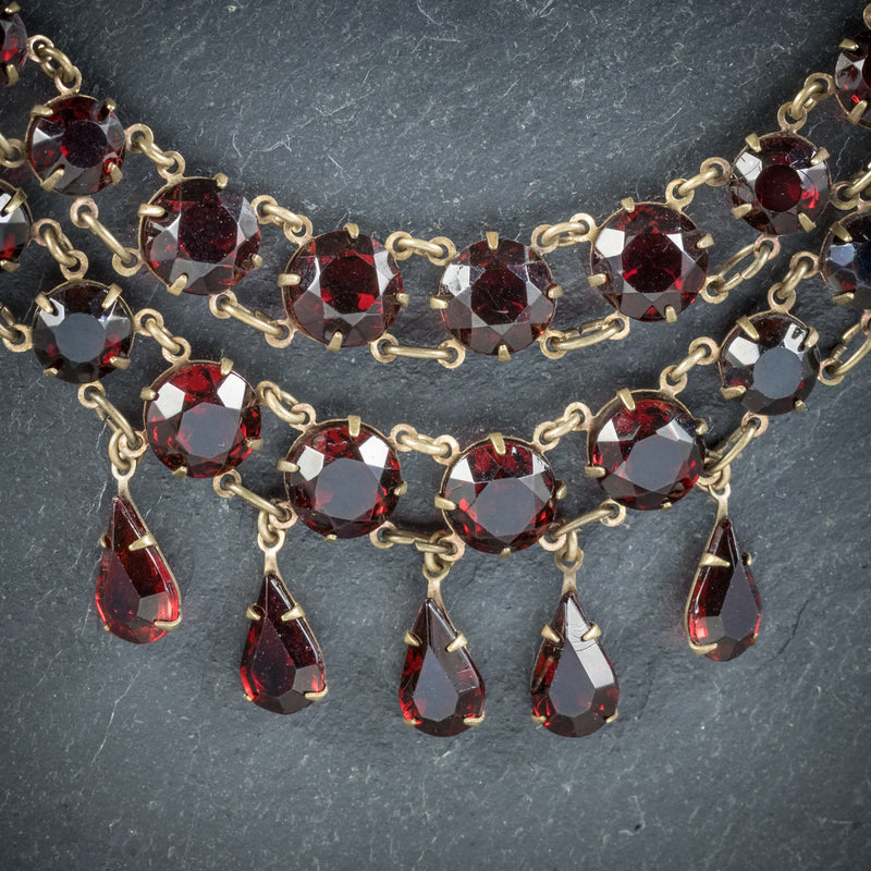 ANTIQUE VICTORIAN GLASS GARNET RIVIERE NECKLACE CIRCA 1900 stones