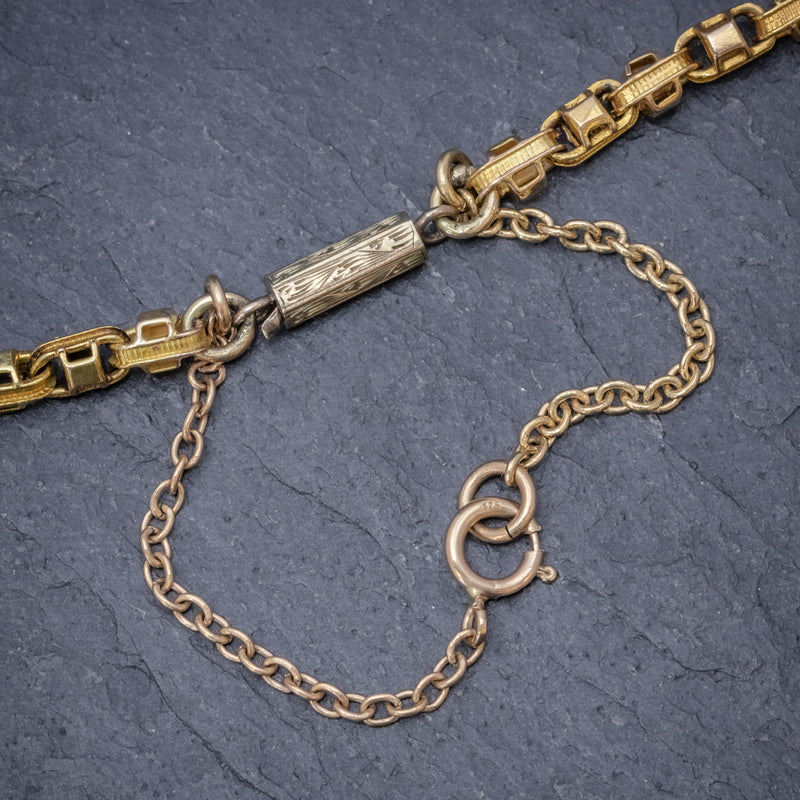 ANTIQUE VICTORIAN GUARD CHAIN 15CT GOLD LINK NECKLACE CIRCA 1880 CLASP