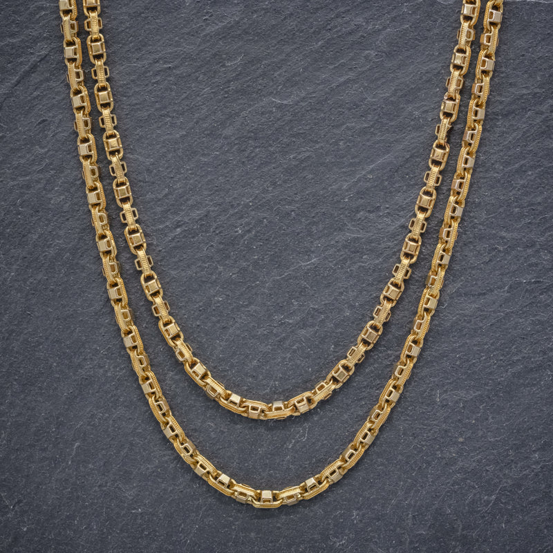 ANTIQUE VICTORIAN GUARD CHAIN 15CT GOLD LINK NECKLACE CIRCA 1880 FRONT