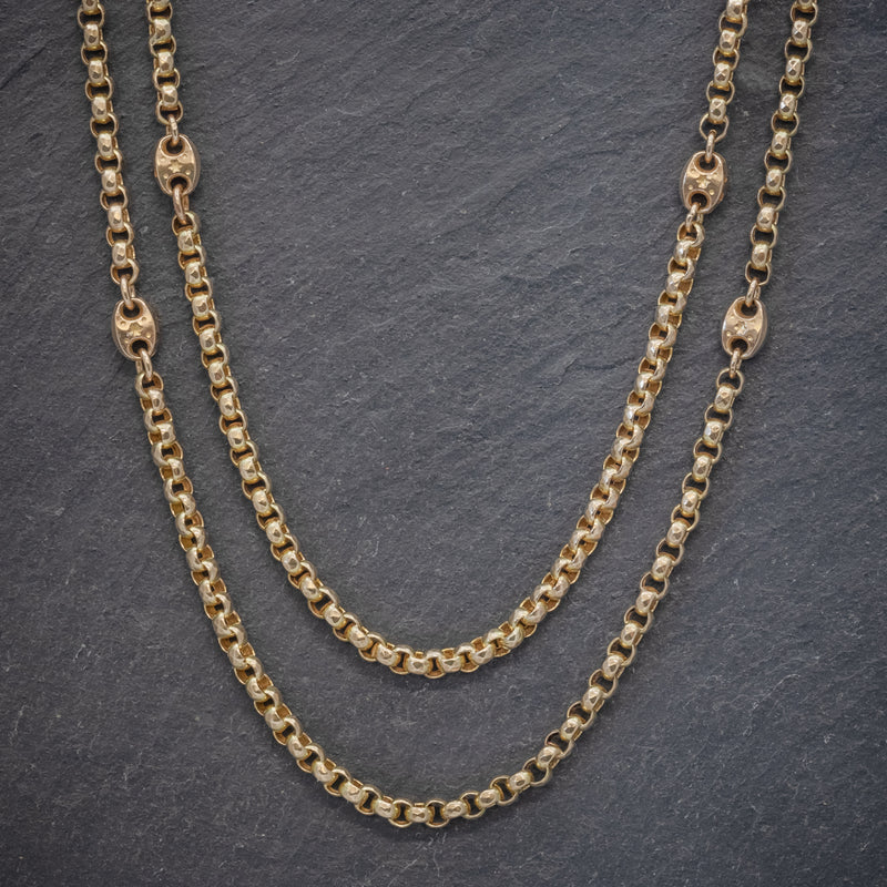 Antique Victorian Guard Chain Solid 9ct Gold Link Necklace Circa 1880 FRONT