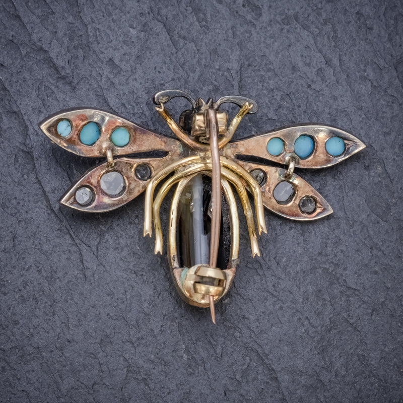 ANTIQUE VICTORIAN INSECT BROOCH DIAMOND TURQUOISE PEARL AGATE SILVER 18CT GOLD CIRCA 1880 BACK