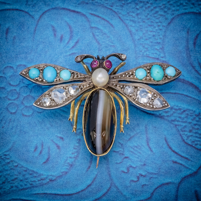 ANTIQUE VICTORIAN INSECT BROOCH DIAMOND TURQUOISE PEARL AGATE SILVER 18CT GOLD CIRCA 1880 COVER