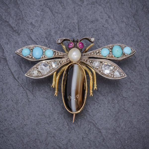 ANTIQUE VICTORIAN INSECT BROOCH DIAMOND TURQUOISE PEARL AGATE SILVER 18CT GOLD CIRCA 1880 FRONT