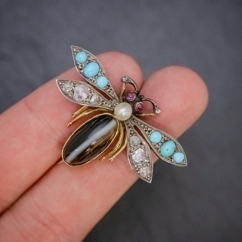 ANTIQUE VICTORIAN INSECT BROOCH DIAMOND TURQUOISE PEARL AGATE SILVER 18CT GOLD CIRCA 1880 HAND