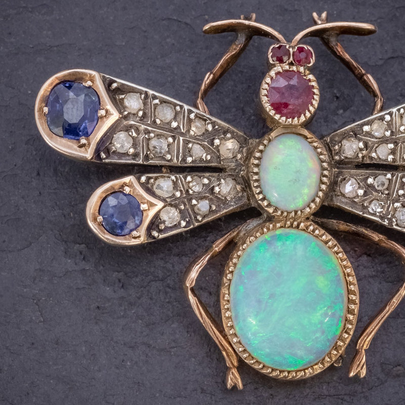 ANTIQUE VICTORIAN INSECT BROOCH OPAL DIAMOND RUBY SAPPHIRE 18CT GOLD CIRCA 1880 CLOSE