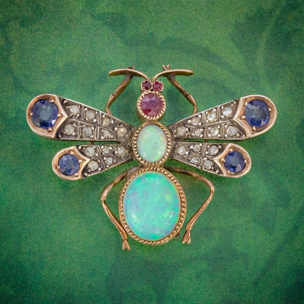 ANTIQUE VICTORIAN INSECT BROOCH OPAL DIAMOND RUBY SAPPHIRE 18CT GOLD CIRCA 1880 COVER