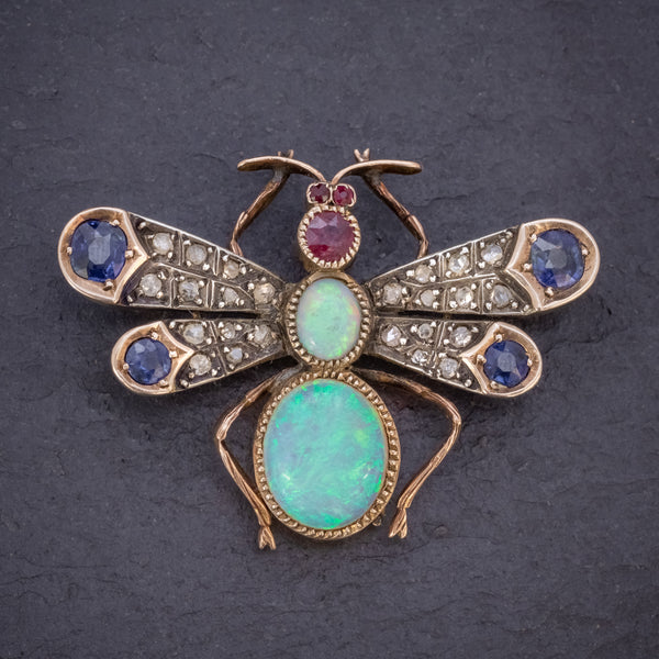 ANTIQUE VICTORIAN INSECT BROOCH OPAL DIAMOND RUBY SAPPHIRE 18CT GOLD CIRCA 1880 FRONT