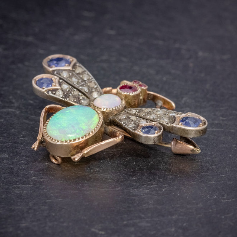 ANTIQUE VICTORIAN INSECT BROOCH OPAL DIAMOND RUBY SAPPHIRE 18CT GOLD CIRCA 1880 SIDE
