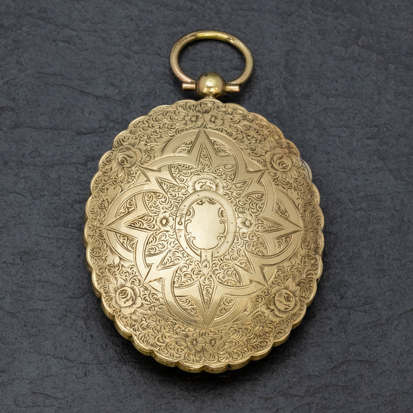 Antique Victorian Large Engraved Locket 9ct Gold Silver Circa 1850