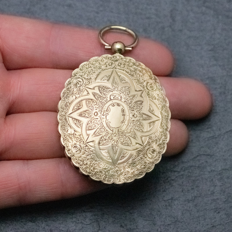 Antique Victorian Large Engraved Locket 9ct Gold Silver Circa 1850