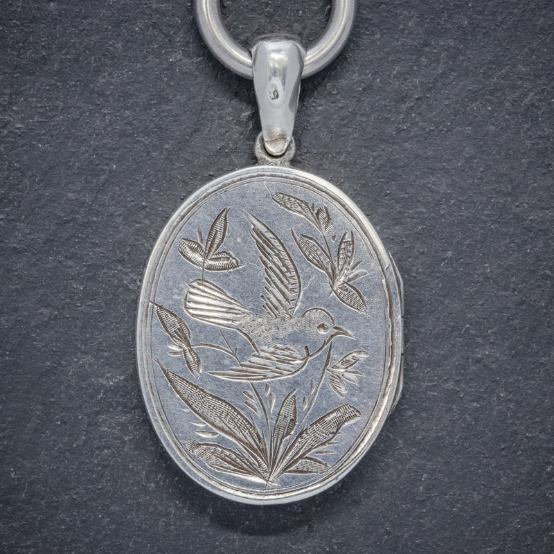 ANTIQUE VICTORIAN LOCKET COLLAR NECKLACE SILVER DOVE DATED 1881 LOCKET