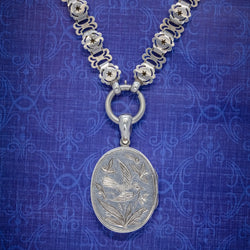 ANTIQUE VICTORIAN LOCKET COLLAR NECKLACE SILVER DOVE DATED 1881 COVER