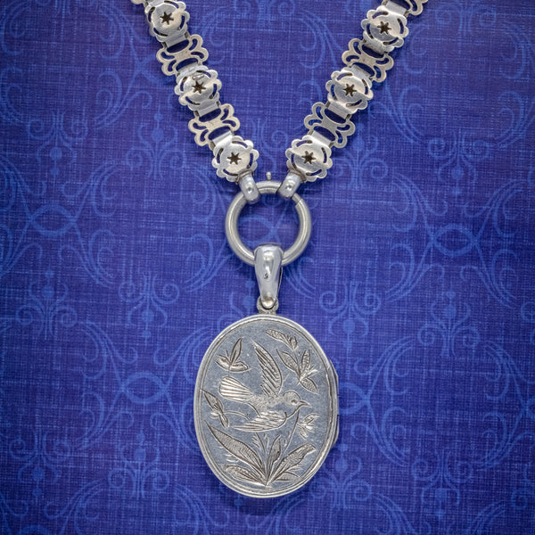 ANTIQUE VICTORIAN LOCKET COLLAR NECKLACE SILVER DOVE DATED 1881 COVER