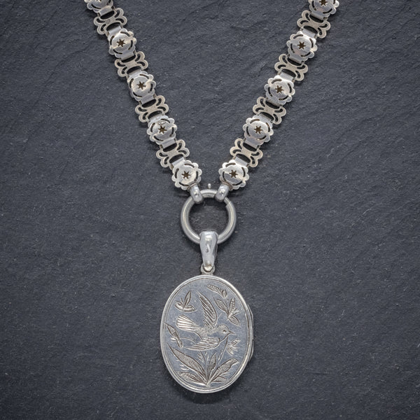 ANTIQUE VICTORIAN LOCKET COLLAR NECKLACE SILVER DOVE DATED 1881 FRONT