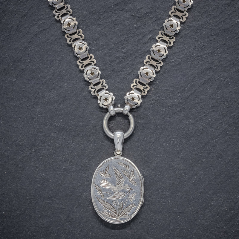 ANTIQUE VICTORIAN LOCKET COLLAR NECKLACE SILVER DOVE DATED 1881 FRONT
