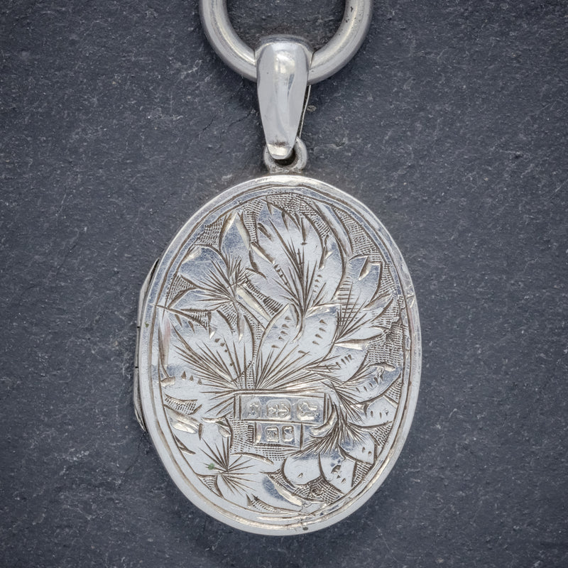 ANTIQUE VICTORIAN LOCKET COLLAR NECKLACE SILVER DOVE DATED 1881 BACK