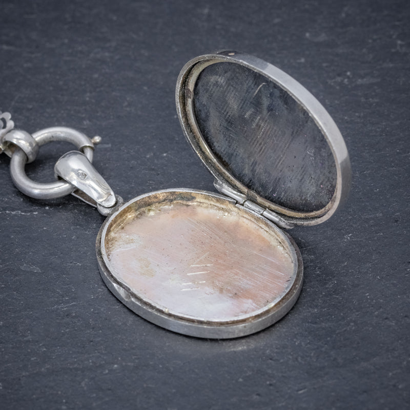 ANTIQUE VICTORIAN LOCKET COLLAR NECKLACE SILVER DOVE DATED 1881 OPEN
