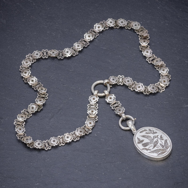 ANTIQUE VICTORIAN LOCKET COLLAR NECKLACE SILVER DOVE DATED 1881 TOP