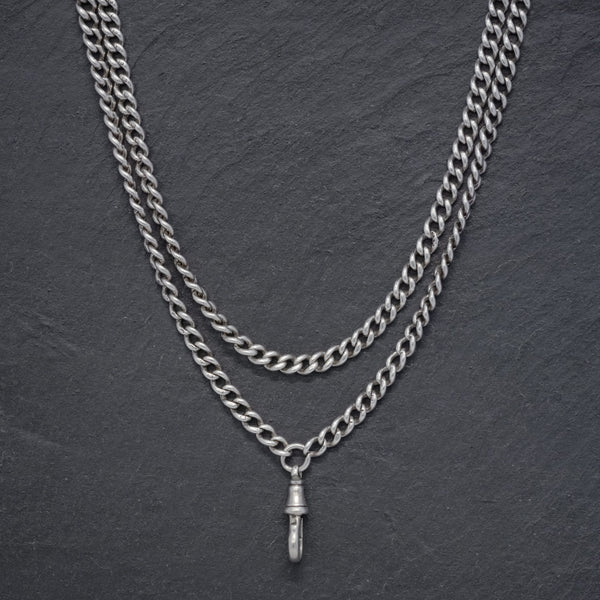ANTIQUE VICTORIAN LONG GUARD CHAIN STERLING SILVER CIRCA 1880 FRONT