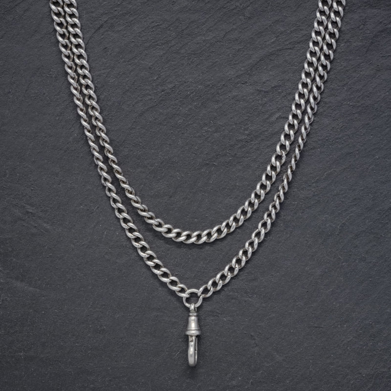 ANTIQUE VICTORIAN LONG GUARD CHAIN STERLING SILVER CIRCA 1880 FRONT