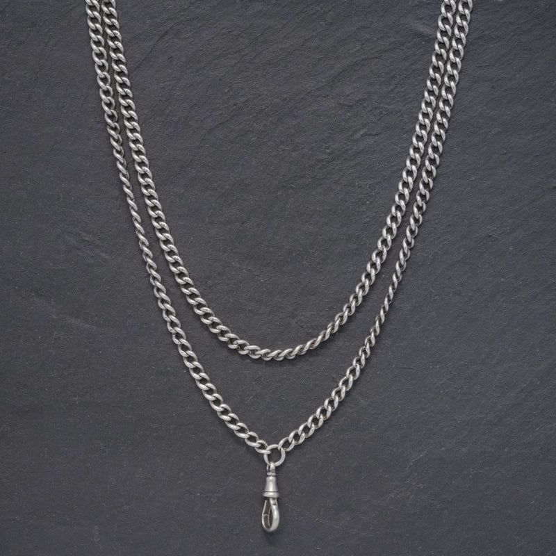 ANTIQUE VICTORIAN LONG GUARD CHAIN STERLING SILVER CIRCA 1880 NECK