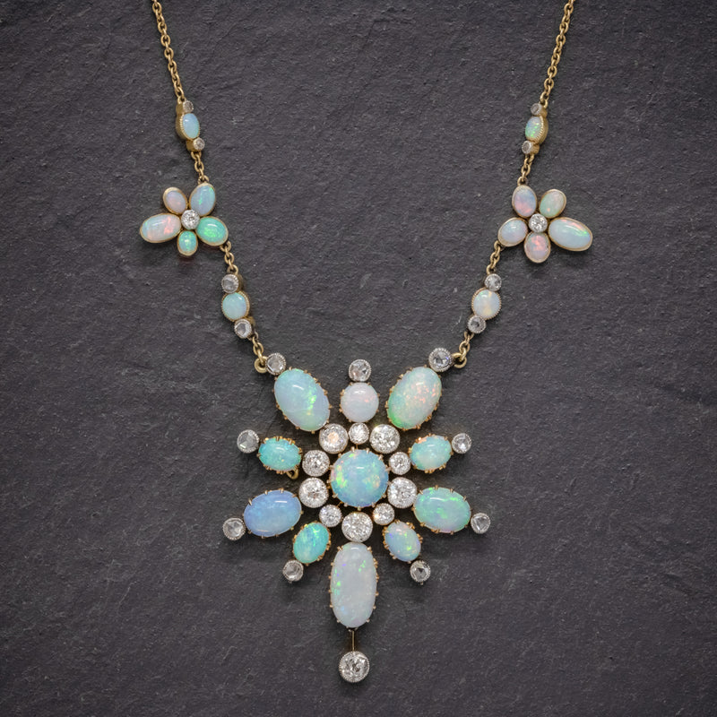 ANTIQUE VICTORIAN OPAL DIAMOND NECKLACE 20CT OPAL 5CT DIAMOND 18CT GOLD CIRCA 1900 FRONT