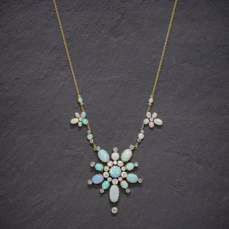 ANTIQUE VICTORIAN OPAL DIAMOND NECKLACE 20CT OPAL 5CT DIAMOND 18CT GOLD CIRCA 1900 NECK