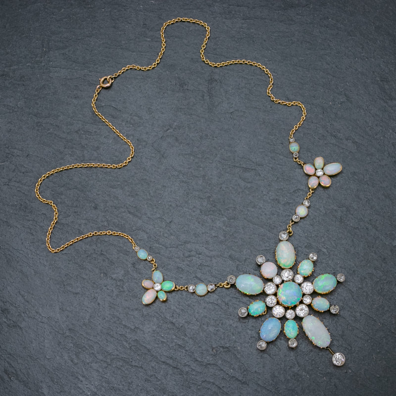 ANTIQUE VICTORIAN OPAL DIAMOND NECKLACE 20CT OPAL 5CT DIAMOND 18CT GOLD CIRCA 1900 TOP