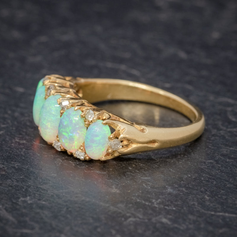 ANTIQUE VICTORIAN OPAL DIAMOND RING 18CT GOLD CIRCA 1880 BOXED  SIDE