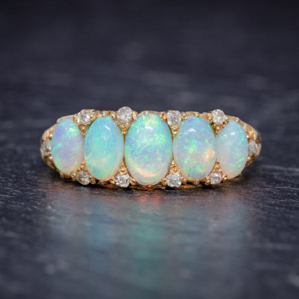 ANTIQUE VICTORIAN OPAL DIAMOND RING 18CT GOLD CIRCA 1880 BOXED  FRONT