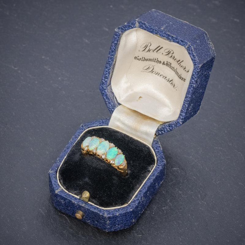ANTIQUE VICTORIAN OPAL DIAMOND RING 18CT GOLD CIRCA 1880 BOXED  BOX OPEN
