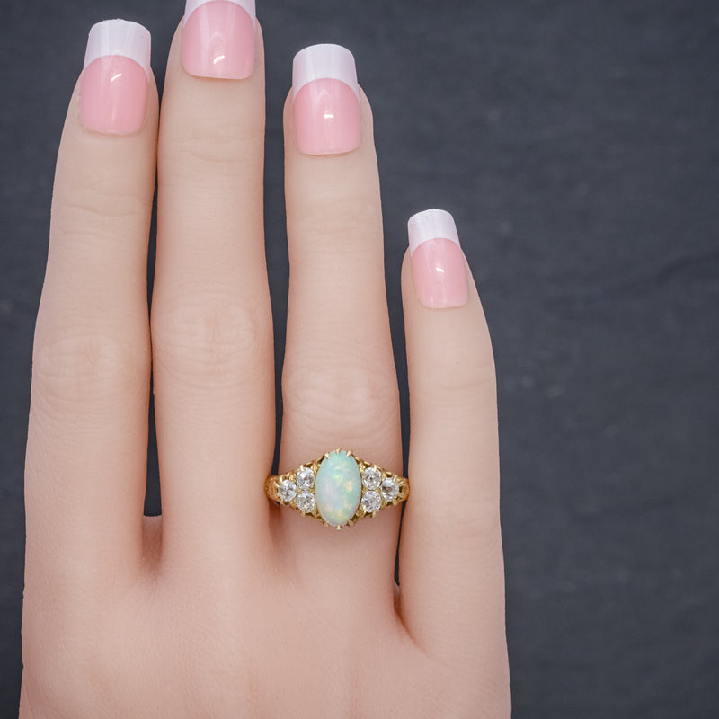 ANTIQUE VICTORIAN OPAL DIAMOND RING 18CT GOLD CIRCA 1880 HAND
