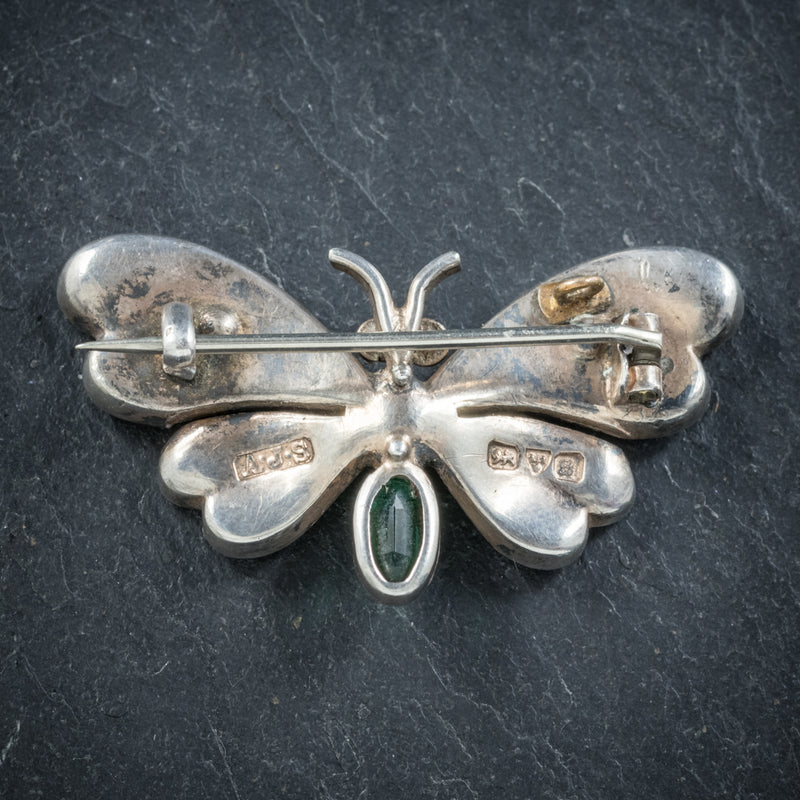 Antique Victorian Paste Emerald Butterfly Brooch Silver Dated 1902 BACK