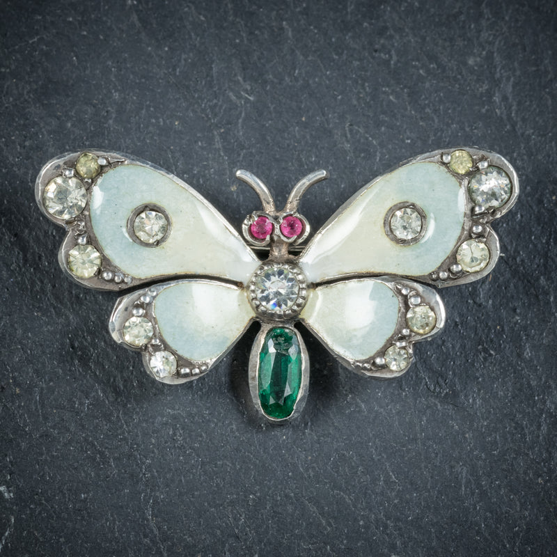 Antique Victorian Paste Emerald Butterfly Brooch Silver Dated 1902 FRONT