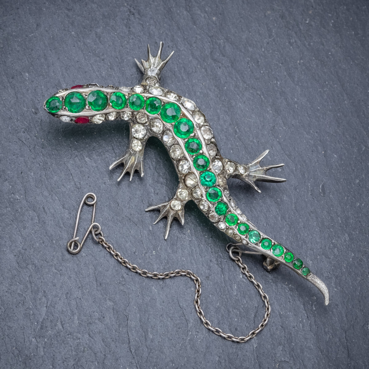 ANTIQUE VICTORIAN PASTE STONE LIZARD BROOCH SILVER CIRCA