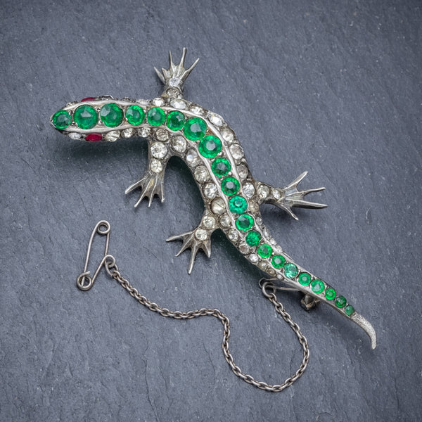 ANTIQUE VICTORIAN PASTE STONE LIZARD BROOCH SILVER CIRCA 1880 FRONT