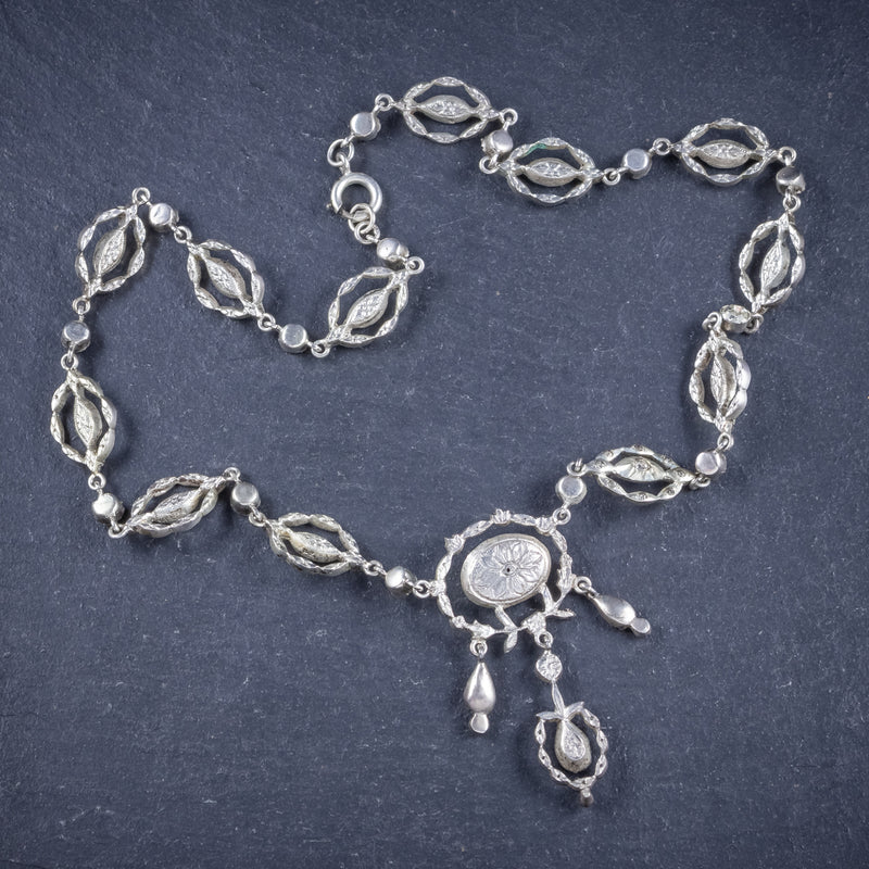 Antique Victorian Paste Stone Silver Necklace Circa 1880 Boxed  BACK