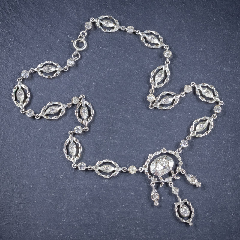 Antique Victorian Paste Stone Silver Necklace Circa 1880 Boxed TOP