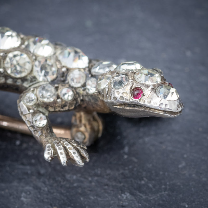Antique Victorian Paste Stone Lizard Brooch Silver Circa 1900 HEAD
