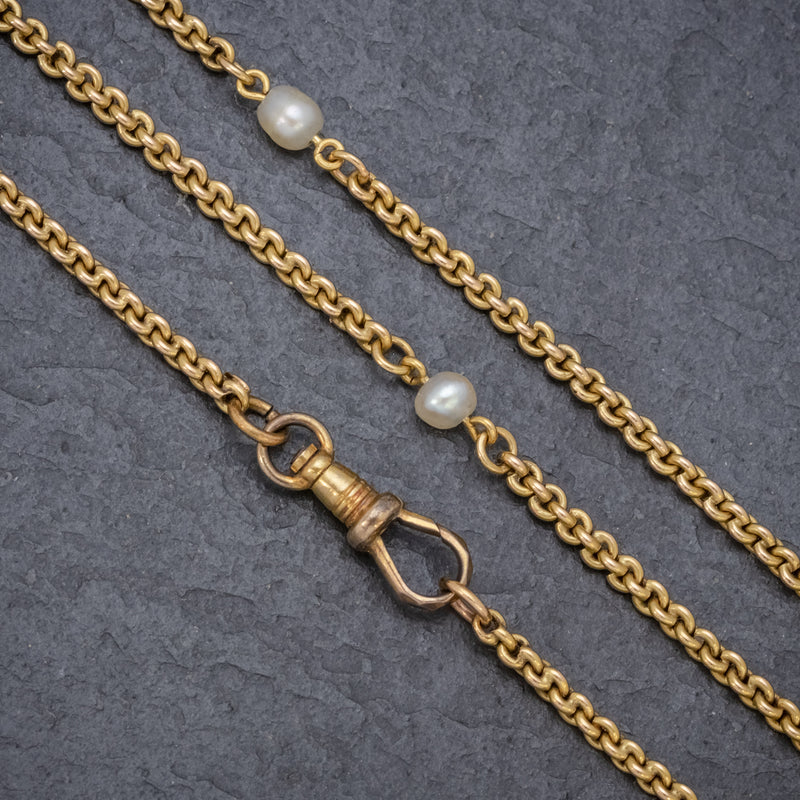 ANTIQUE VICTORIAN PEARL GUARD CHAIN 15CT GOLD LINK NECKLACE CIRCA 1900 CLASP